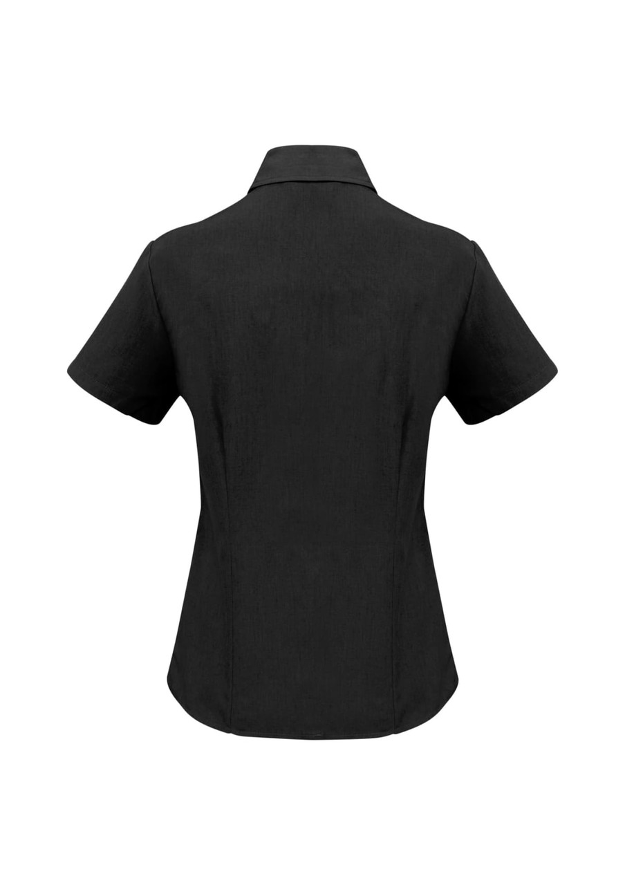 A black women's button-up short sleeve shirt with a fitted silhouette and a collar, featuring a logo.