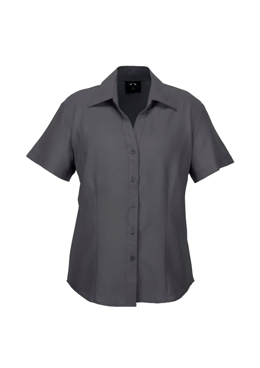 A short sleeve button-up shirt in grey with a collar and a logo on the chest.