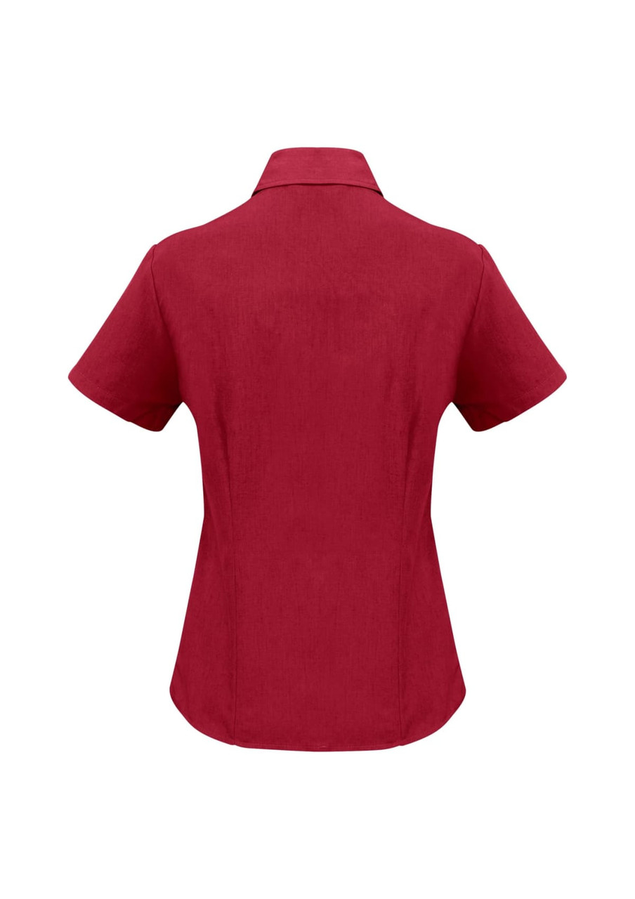 A short sleeve button-up shirt in a rich burgundy colour, featuring a classic collar and a fitted style.