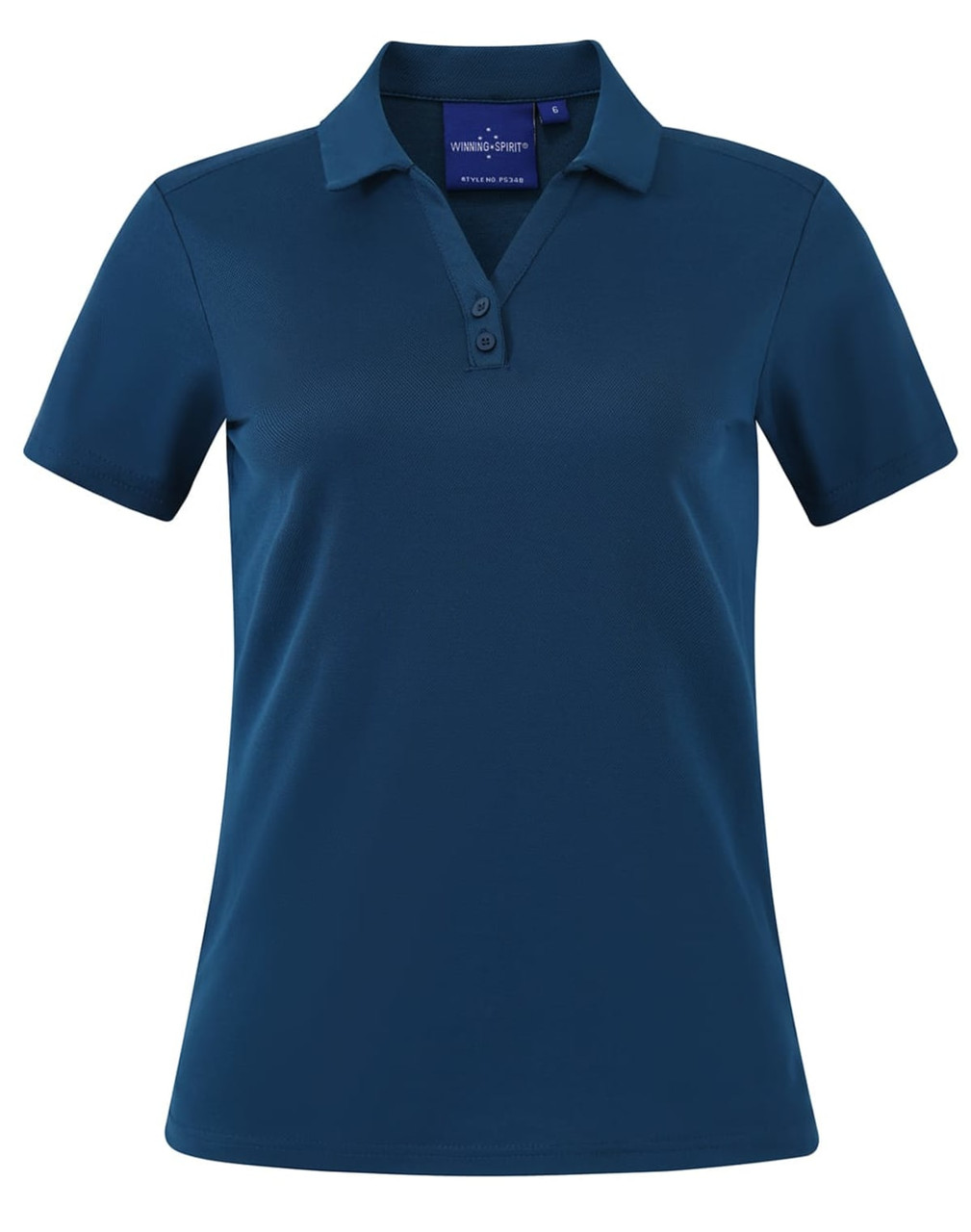 A teal short sleeve polo shirt with a collar and three button placket, featuring a branding logo.