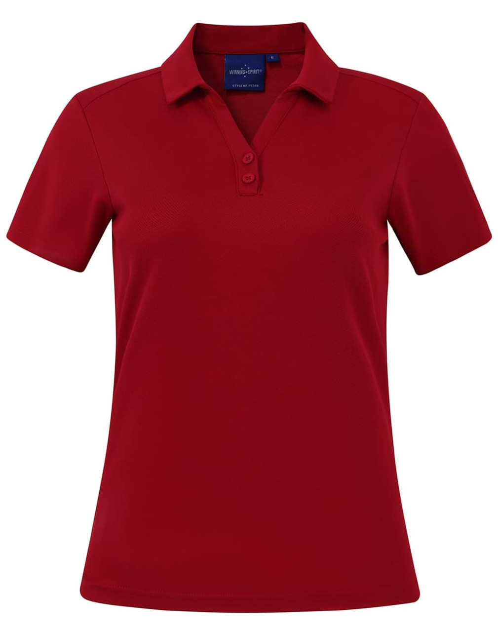 A red women's short sleeve polo shirt with a collar, featuring buttons and a logo.