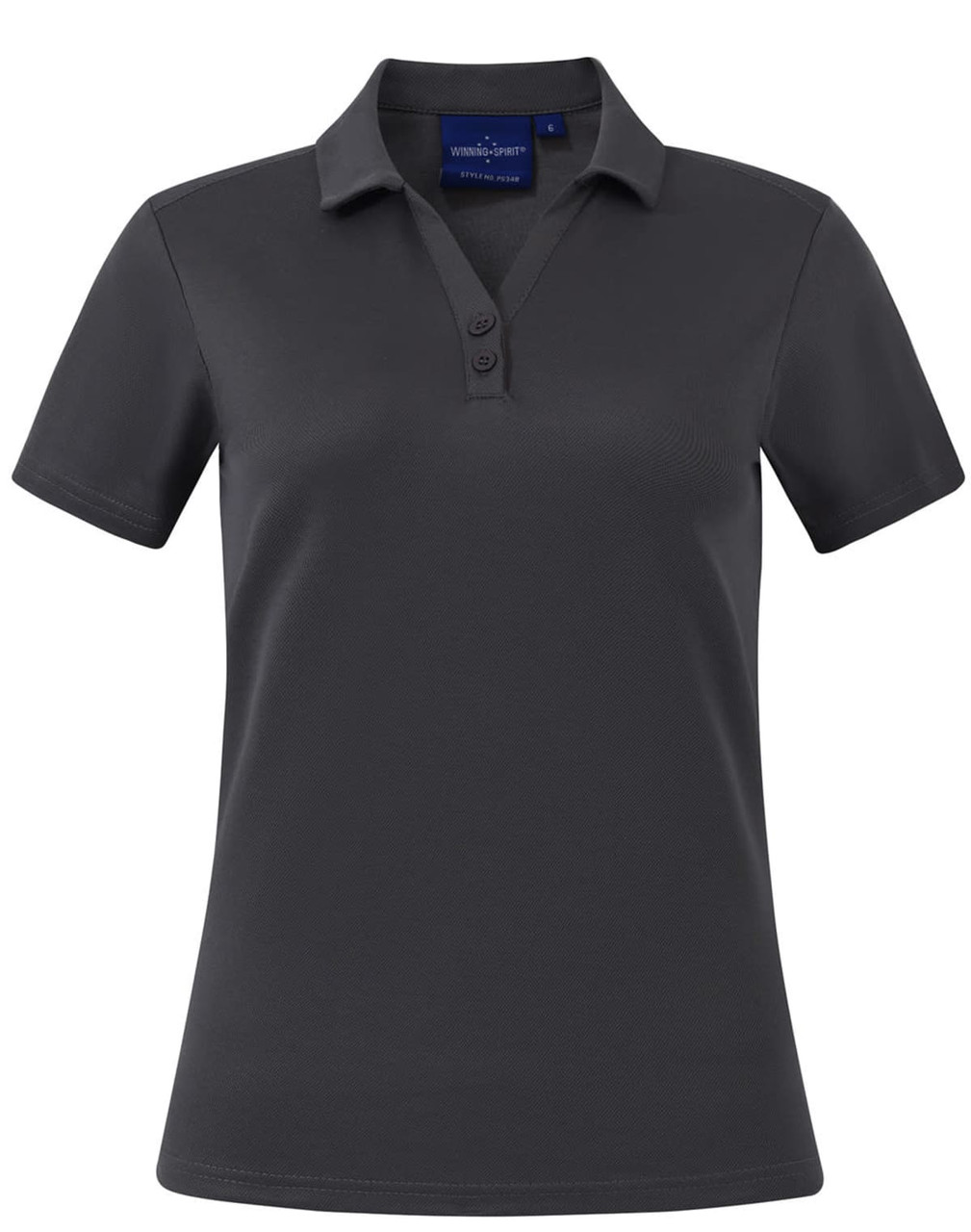 A grey short sleeve polo with a collar and three buttons, featuring a logo on the front.