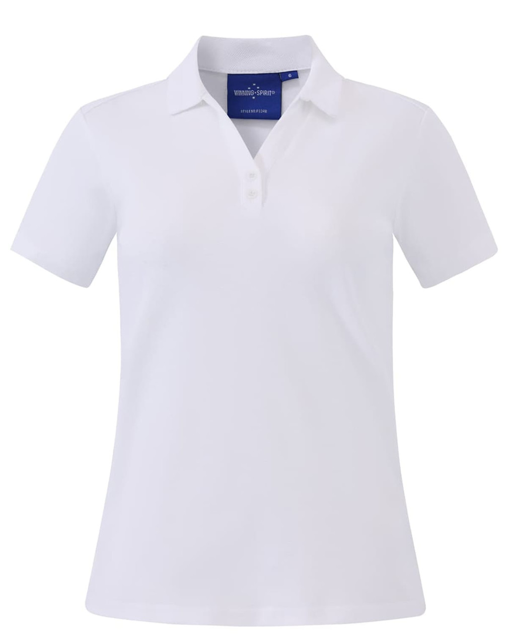 A white short sleeve polo shirt with a classic collar and a logo on the chest.