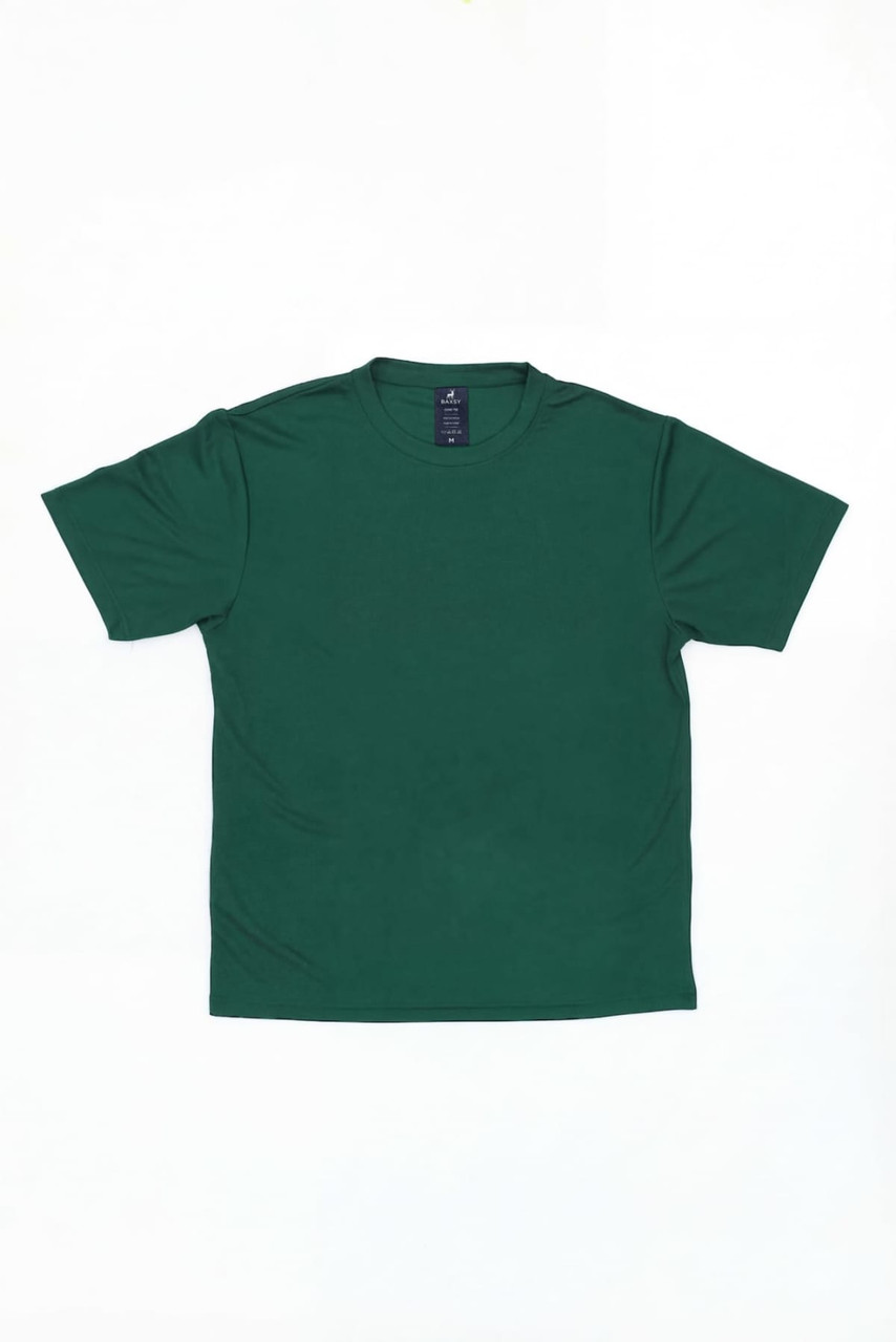 A dark green t-shirt with short sleeves and a logo on the neckline. The shirt features a classic crew neck design.