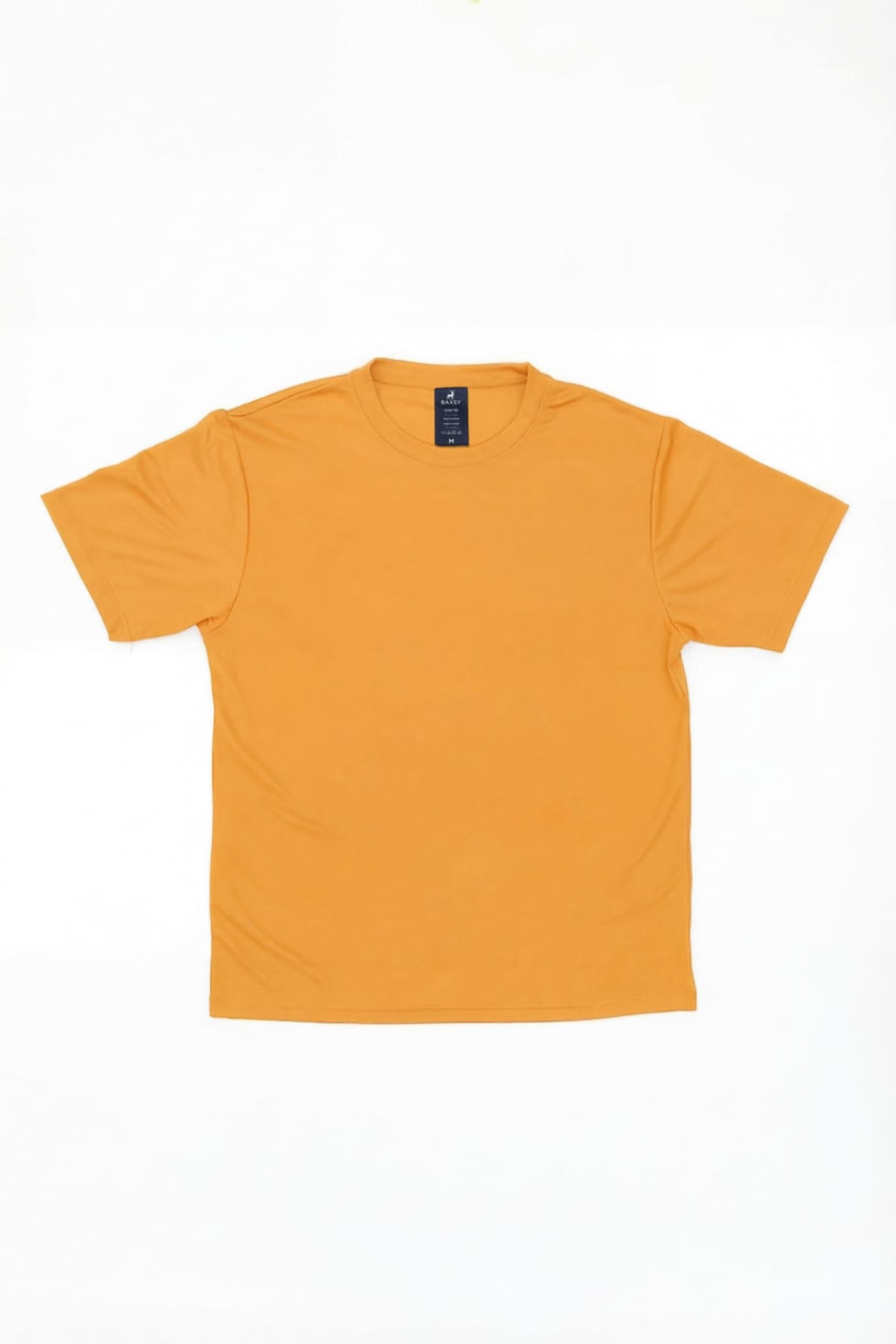 A plain orange t-shirt with short sleeves and a tag at the neckline, featuring a logo.