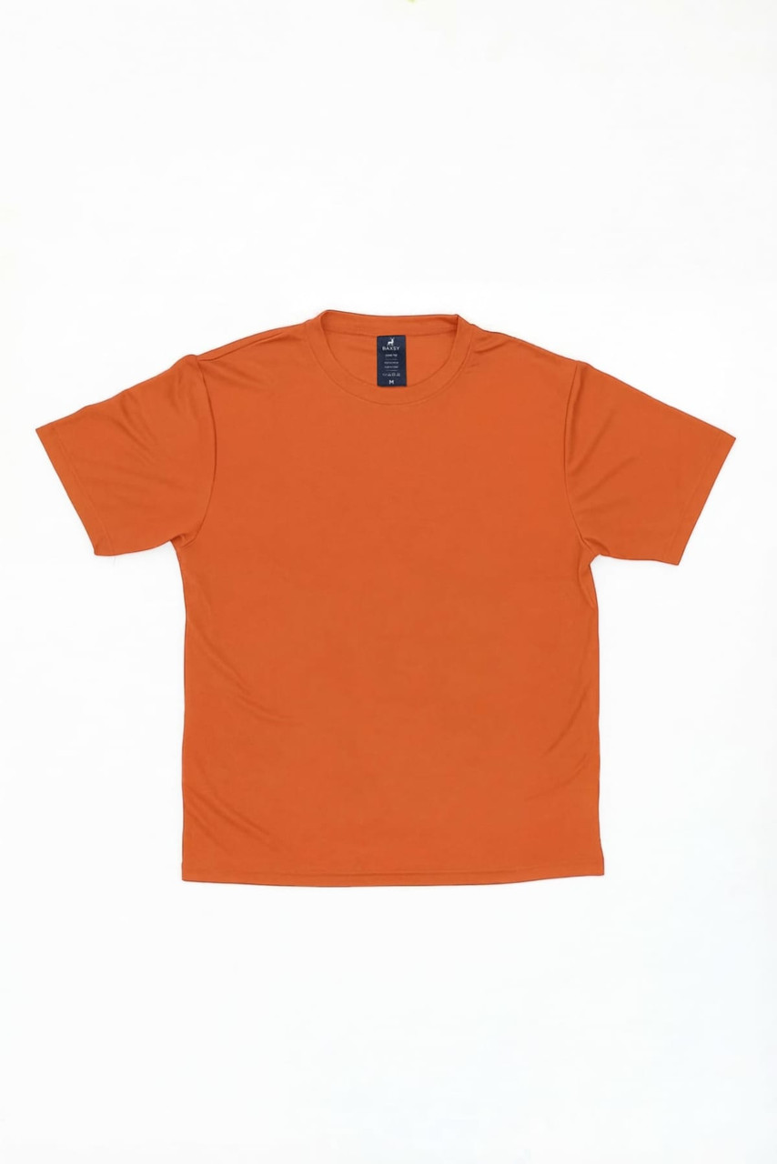 An orange t-shirt with a simple design and a label on the inside neck.
