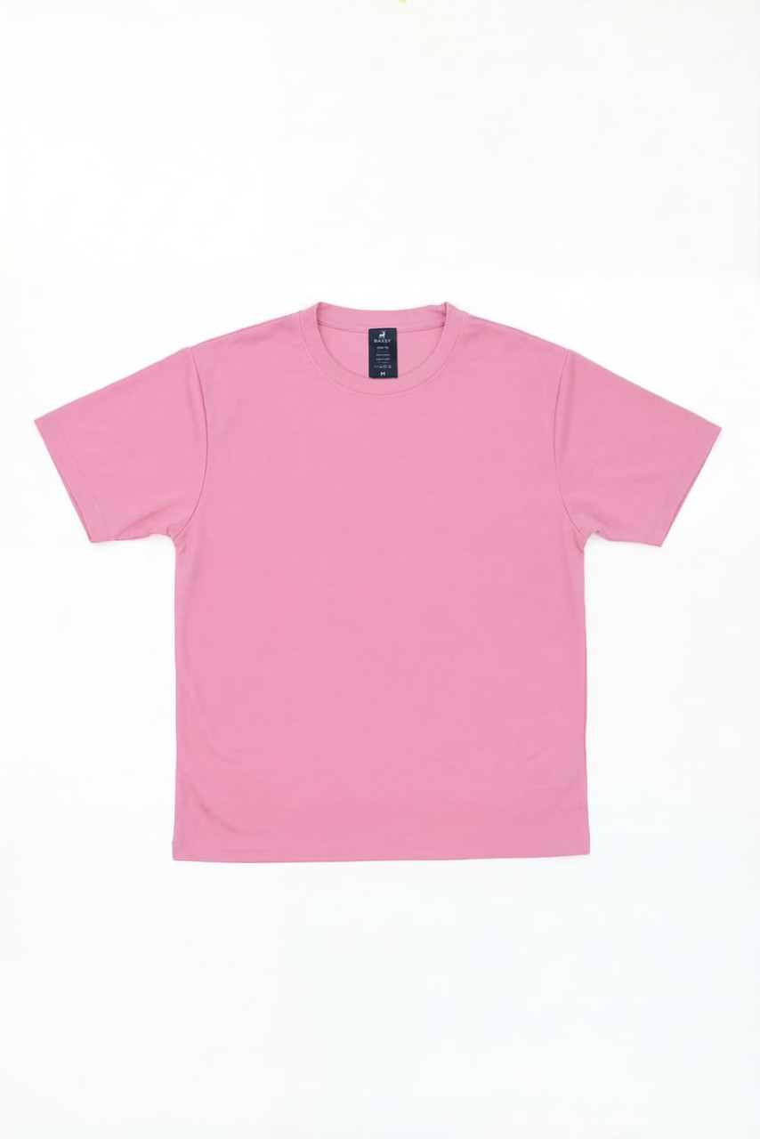 A pink t-shirt with short sleeves and a tag at the neckline, featuring a branding logo.