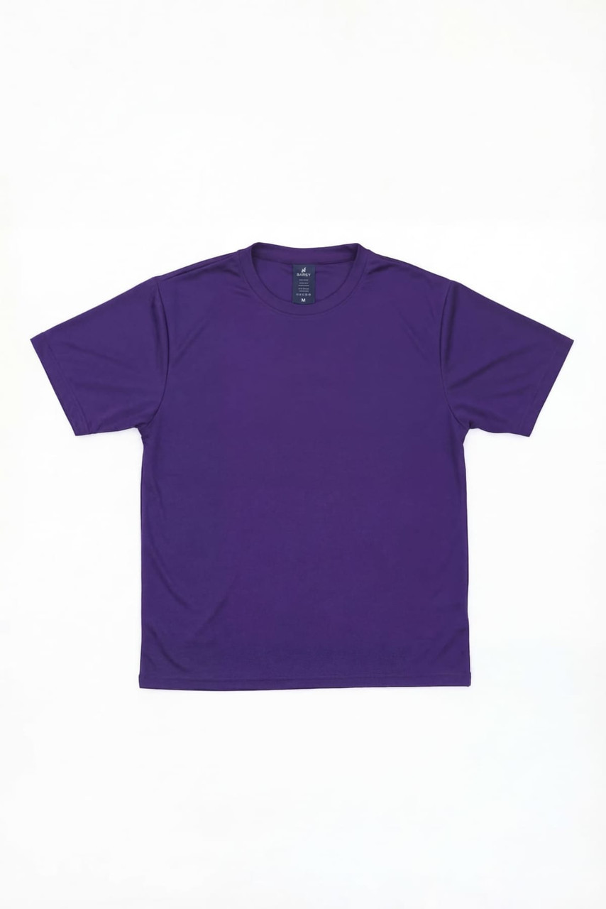 A purple t-shirt with short sleeves and a logo on the label. Plain design with a smooth texture.