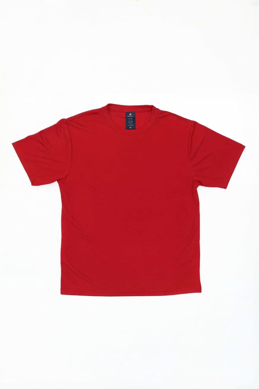 A red T-shirt featuring short sleeves and a branded label on the neck.