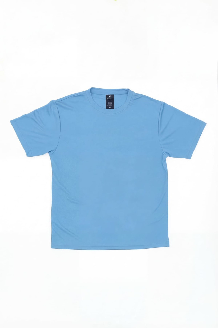 A light blue t-shirt with a crew neck and short sleeves, featuring a label and a simple design.