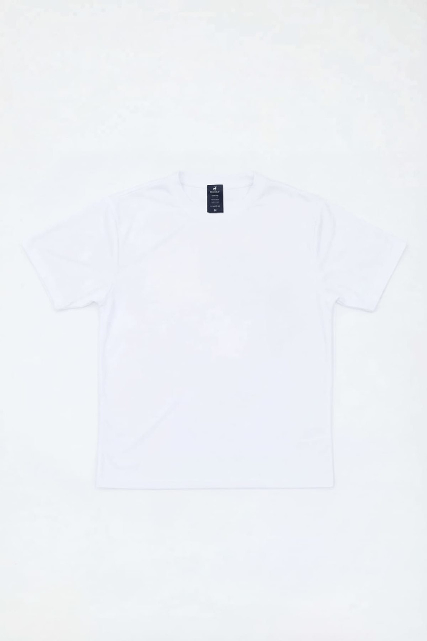A plain white t-shirt featuring short sleeves and a brand tag on the neckline.