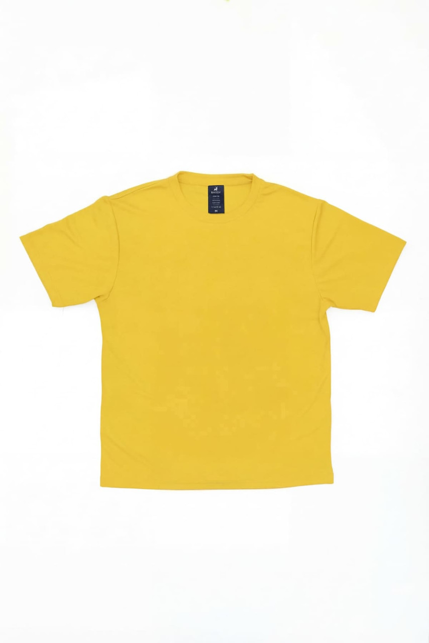 A yellow T-shirt with a crew neck and short sleeves, featuring a logo on the tag.