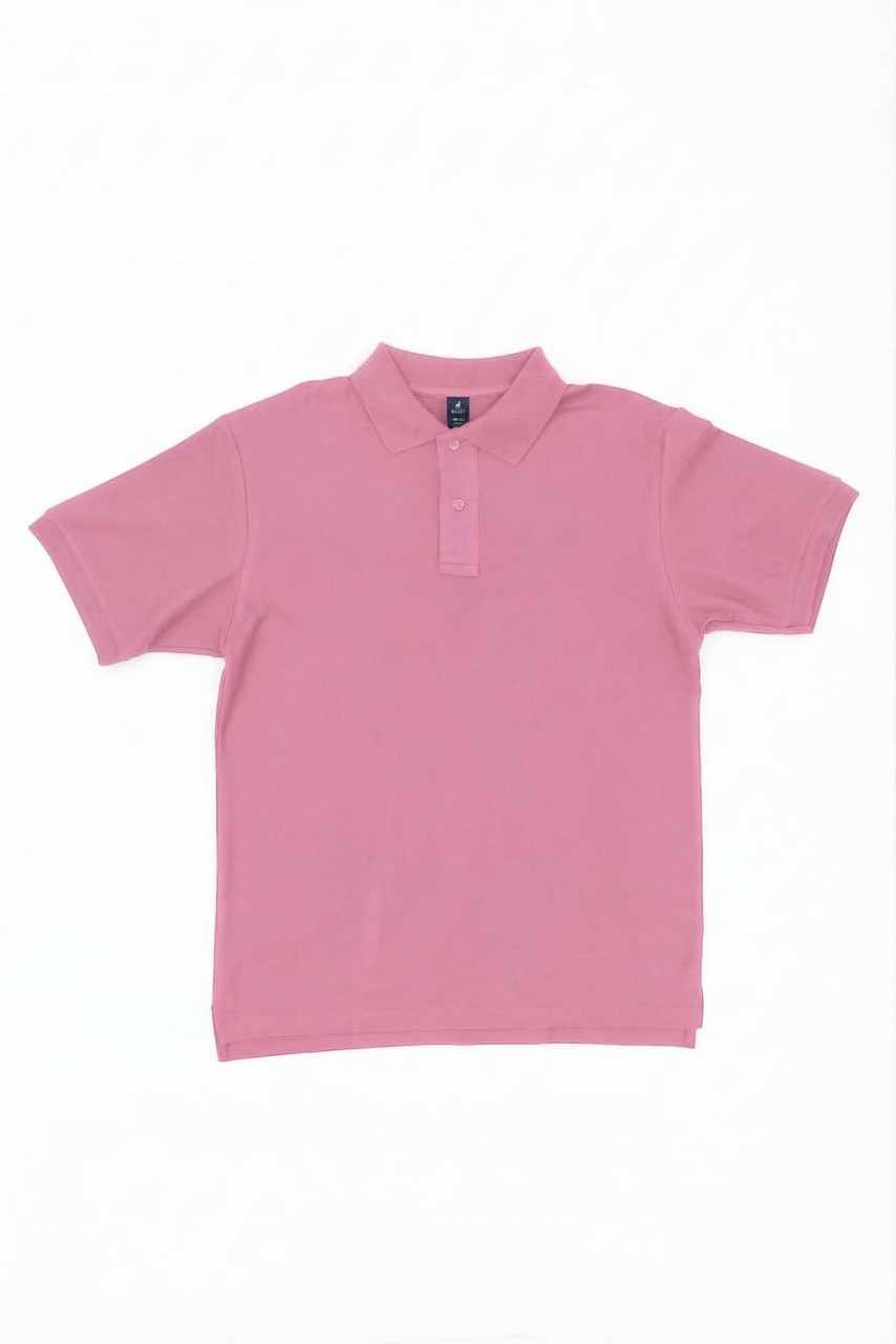 A pink polo shirt featuring a collar and a buttoned placket, with a logo on the chest.