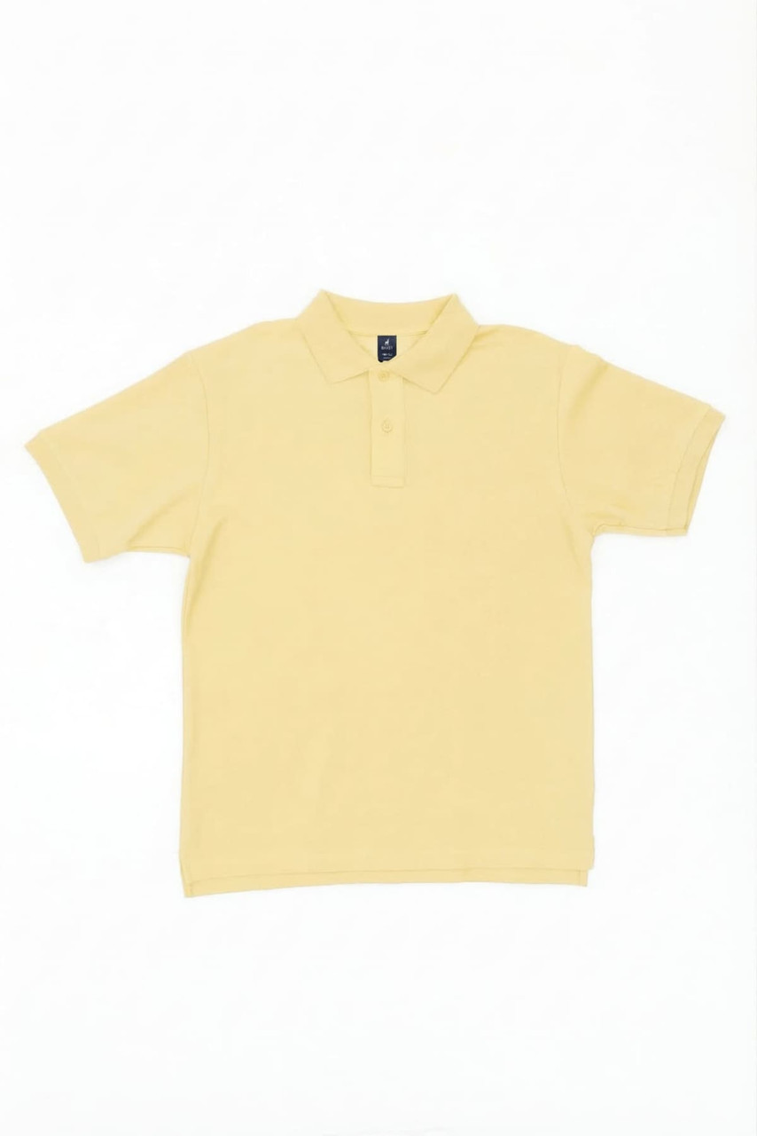 A yellow polo shirt featuring a collar and a logo. Simple design with short sleeves.