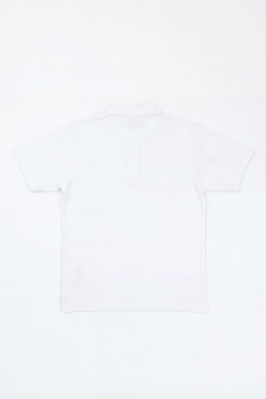 A white polo shirt with short sleeves, featuring a logo on the back.