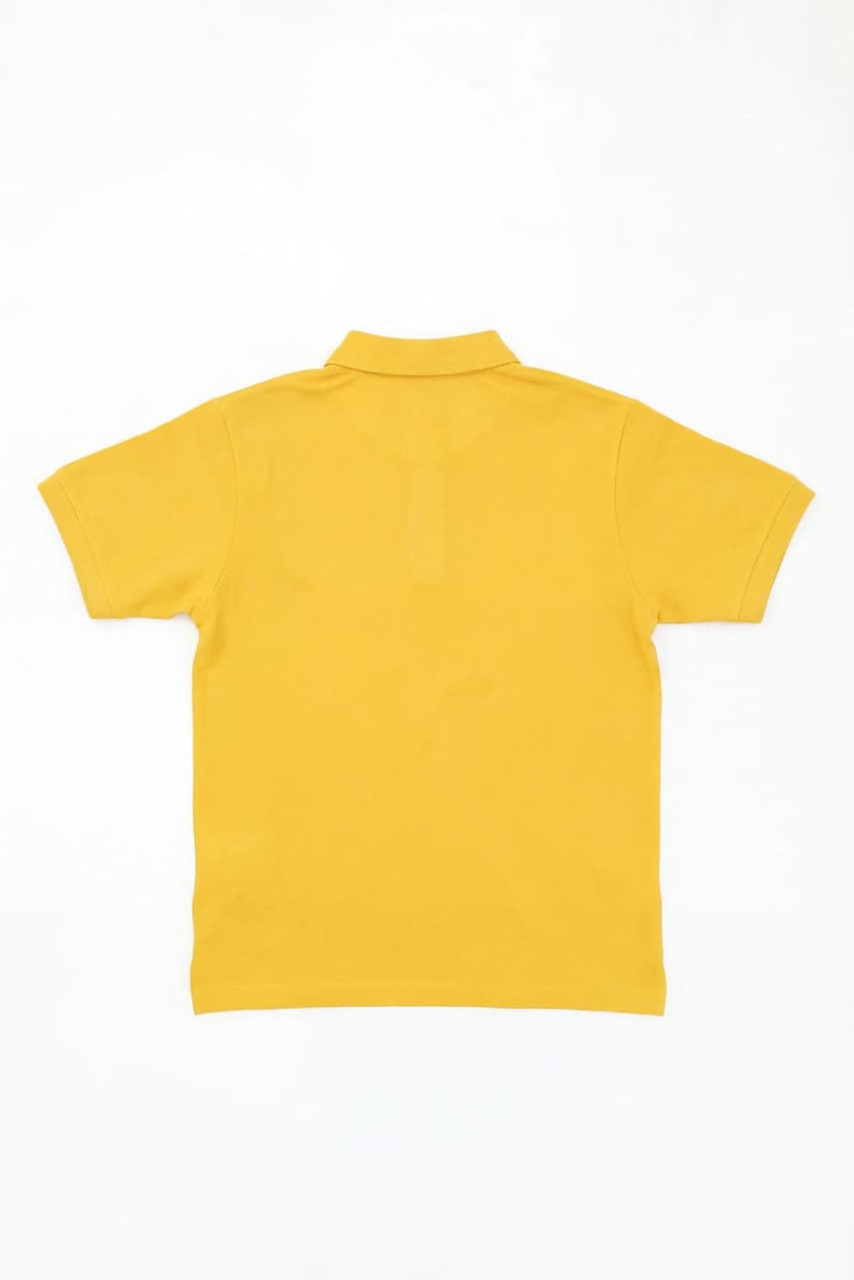 A yellow polo shirt with a collar and short sleeves, featuring a logo on the back.