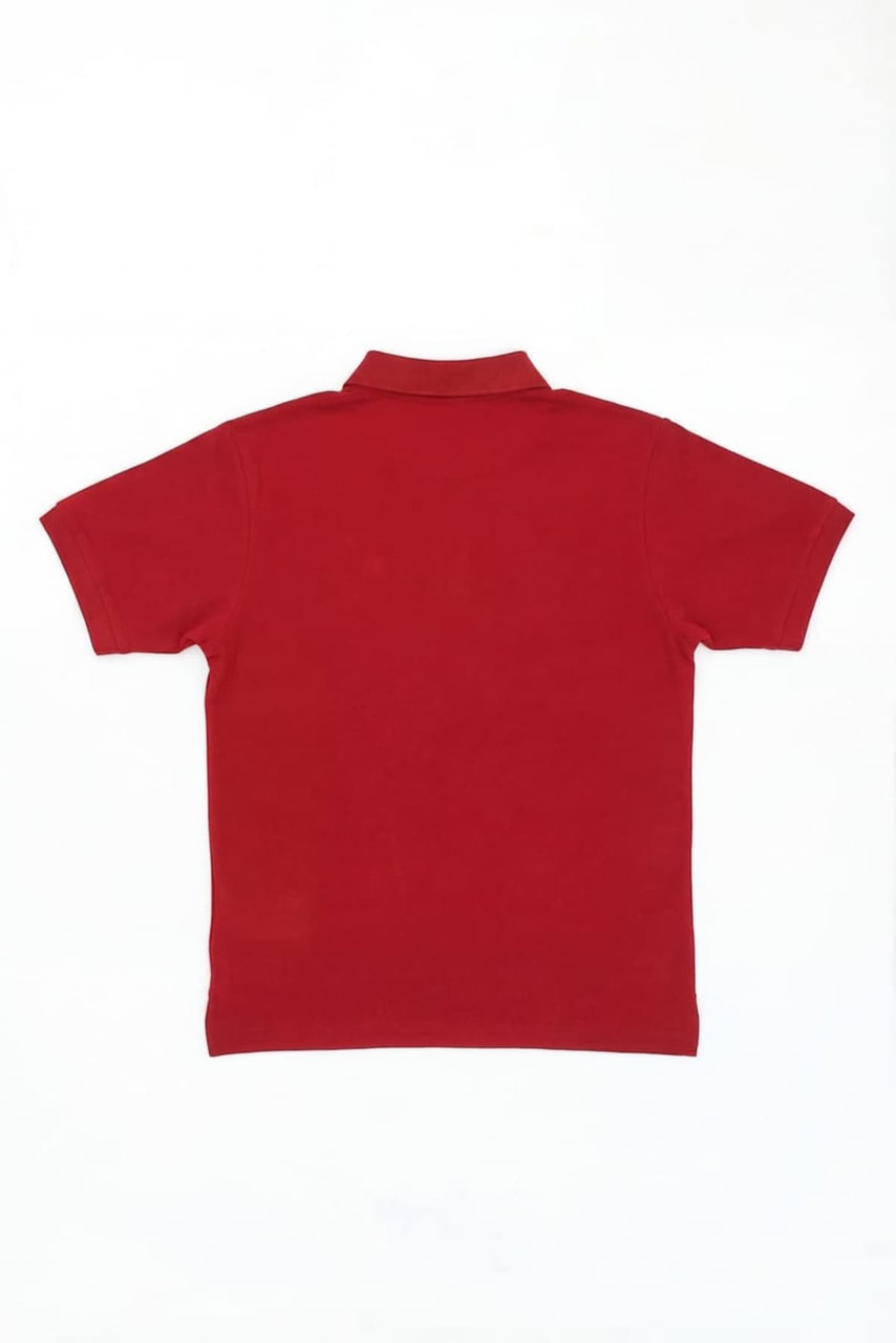 A red polo shirt featuring a collar and short sleeves. The back view shows a solid colour design.