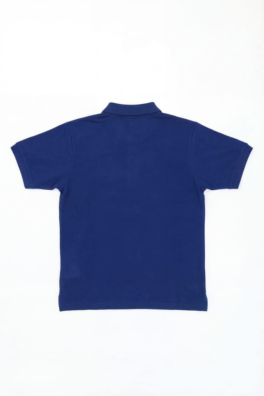 A navy blue polo shirt with a collar and short sleeves, featuring a logo on the back.