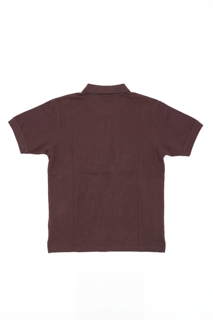 A brown polo shirt featuring a collar and short sleeves. It has a logo on the back.