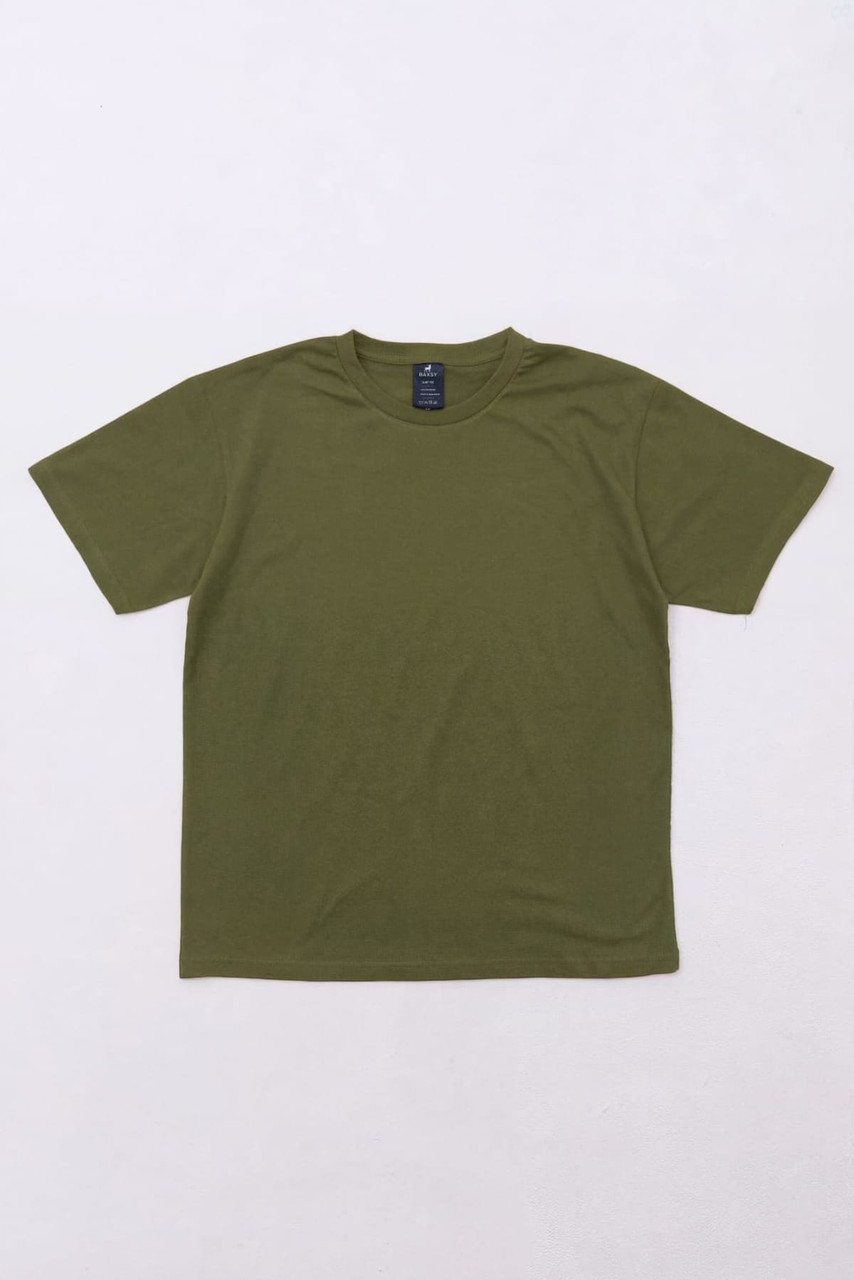 An olive green T-shirt laid flat on a light background, featuring a logo on the neckline.