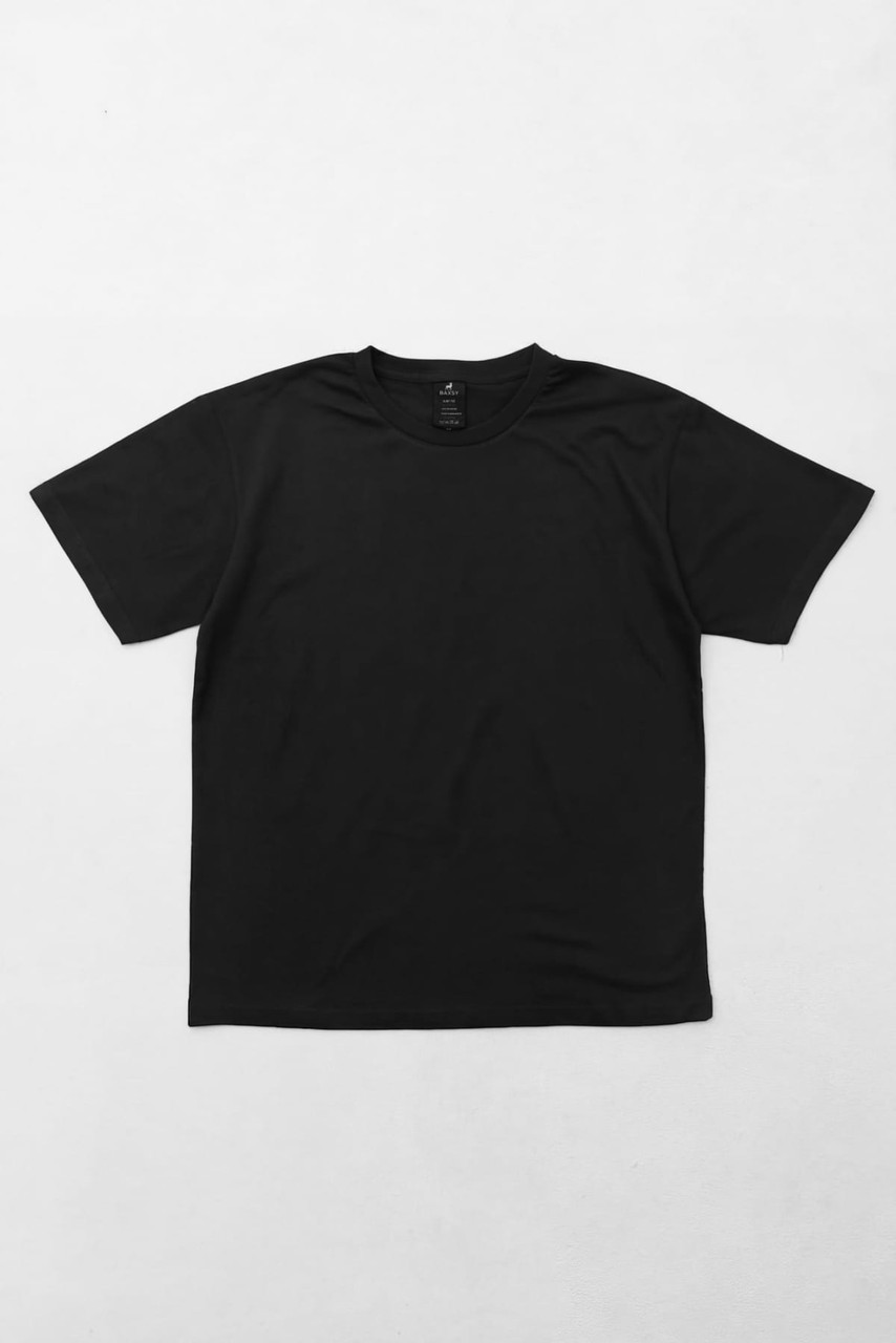 A black T-shirt displayed flat against a light background, with a logo on the inside tag.