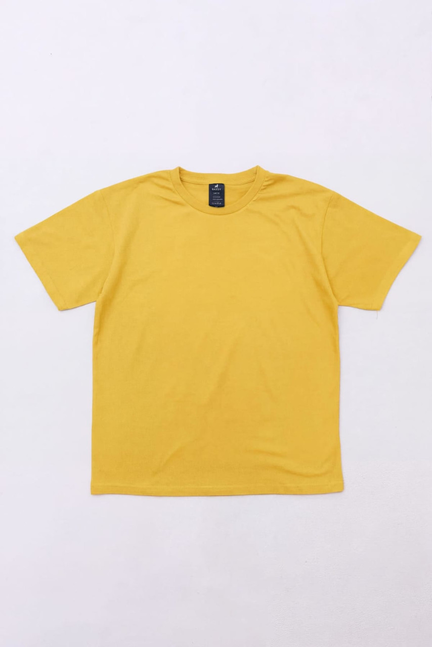 A yellow T-shirt with short sleeves and a logo on the neckline. The shirt has a plain design and a vibrant hue.