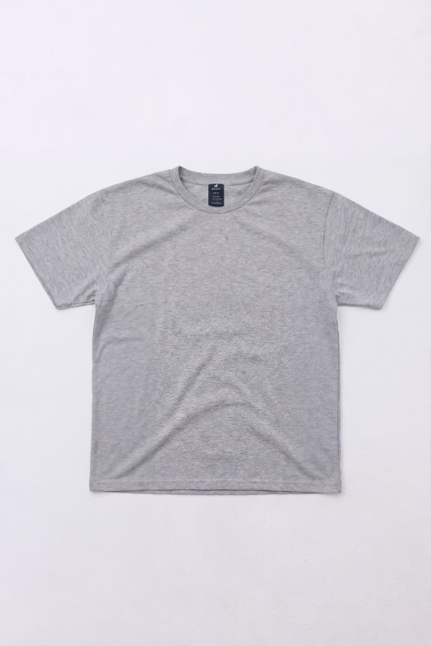 A grey T-shirt featuring short sleeves and a simple design. It has a logo on the label.