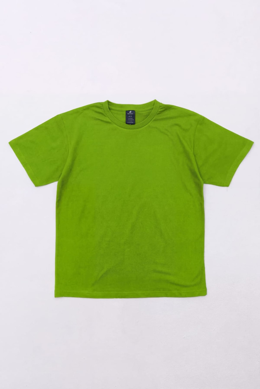A green T-shirt with a crew neckline and short sleeves, featuring a branding logo on the inside label.