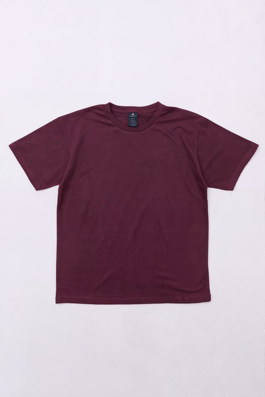 A maroon T-shirt with a round neck and short sleeves, featuring a logo on the inside label.