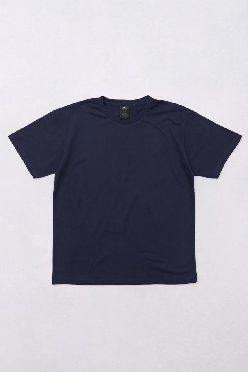 A navy T-shirt featuring a logo on the neckline, laid flat on a light background.