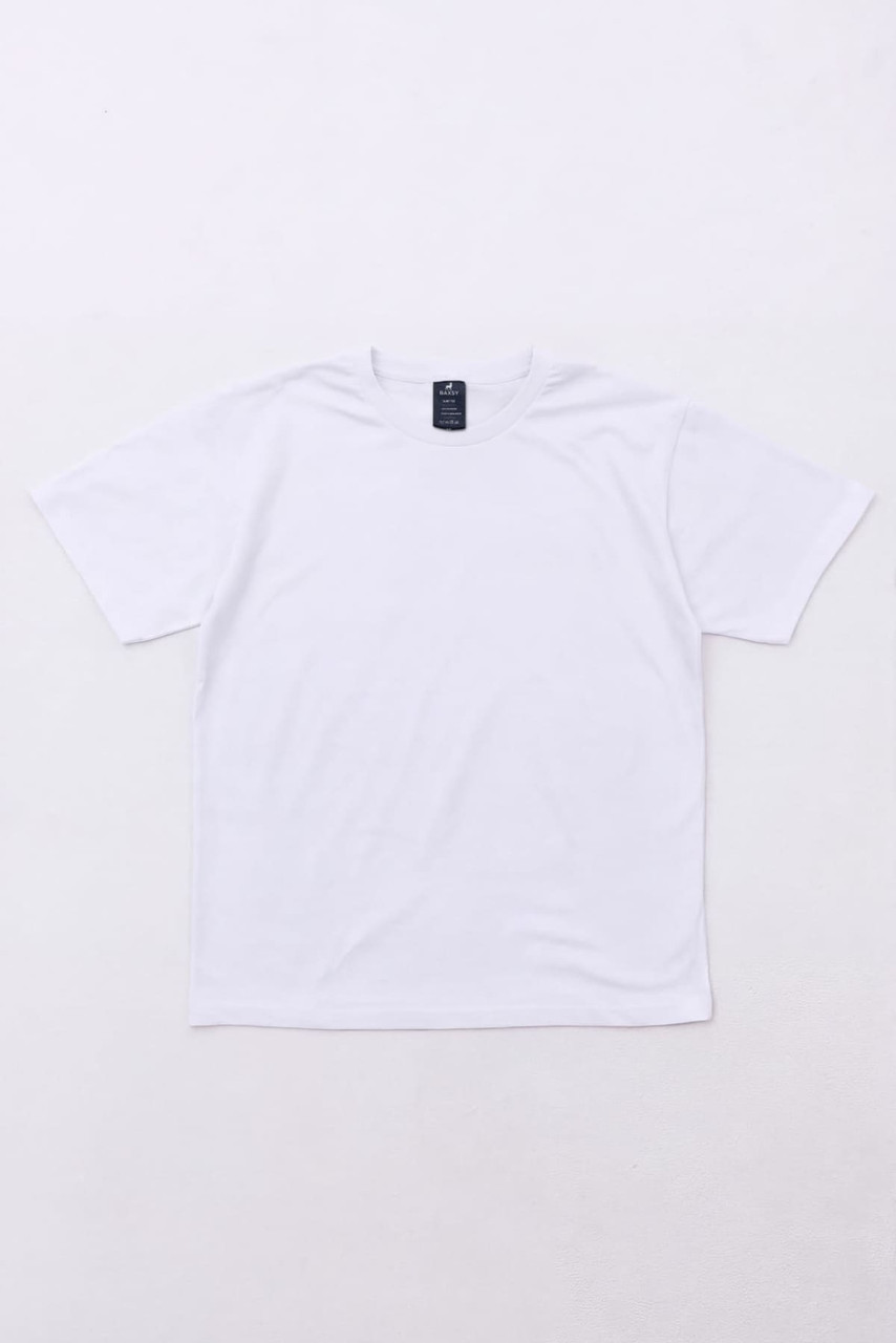 A plain white T-shirt featuring a logo on the neckline. The shirt has short sleeves and a classic fit.