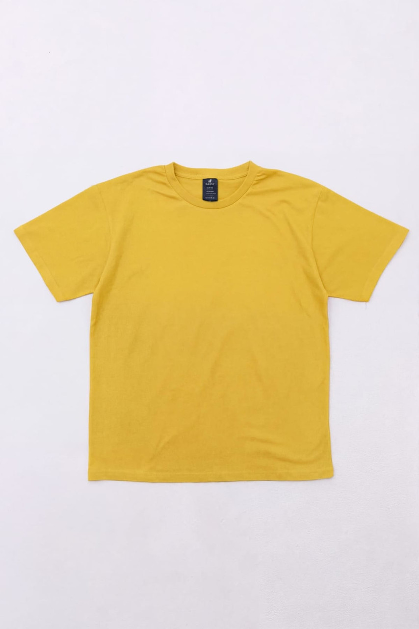 A yellow T-shirt displayed flat, featuring short sleeves and a logo on the neckline.