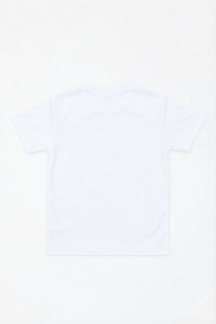 A white youth tee featuring a curved neckline and a subtle logo on the side. Ideal for active wear.