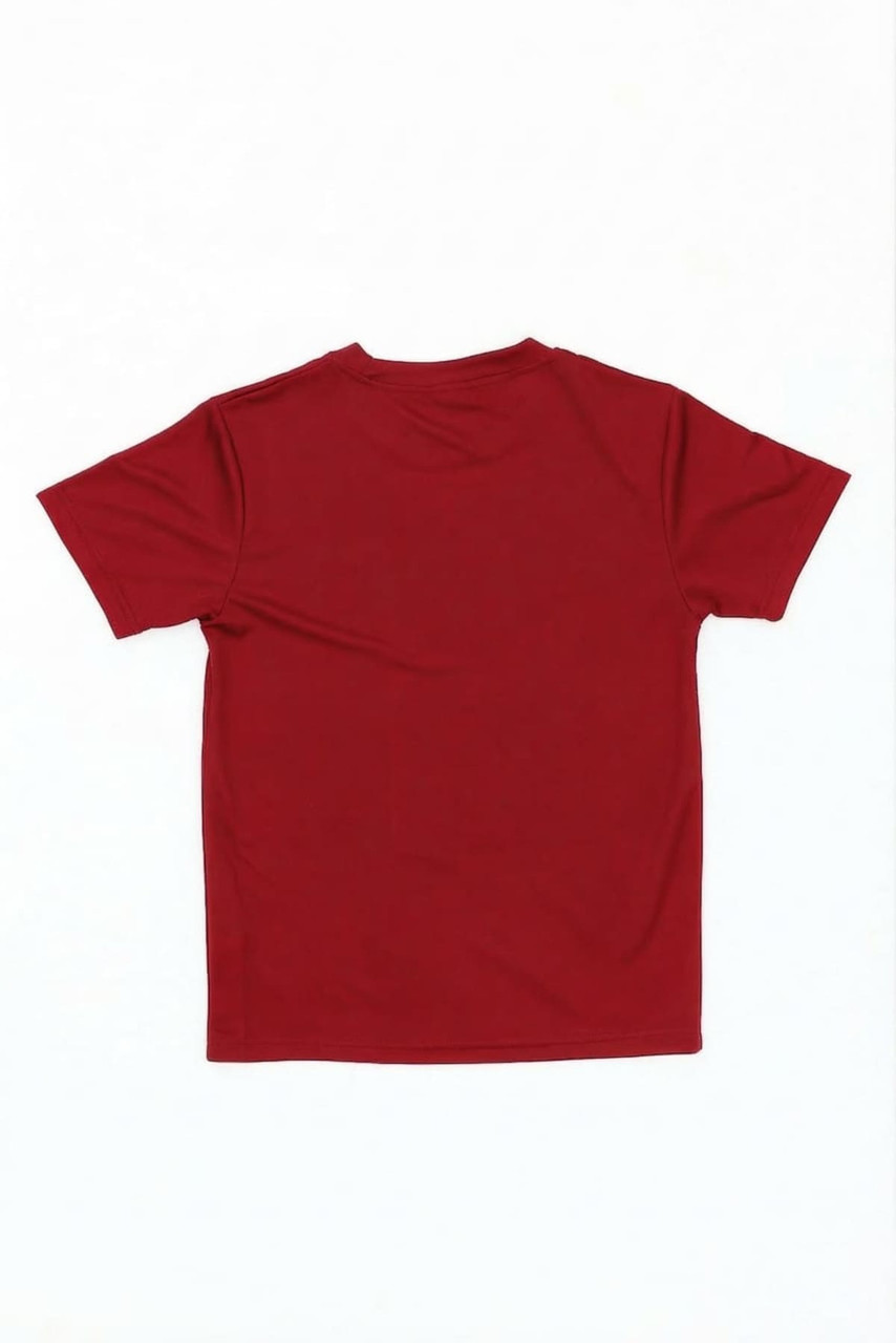 A red youth core tee featuring a simple design and a logo on the back. Suitable for casual or sports wear.