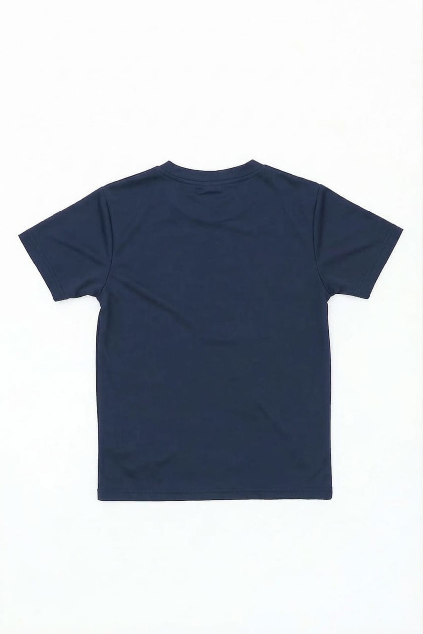 A navy blue youth t-shirt with a plain back and a logo present on the fabric.