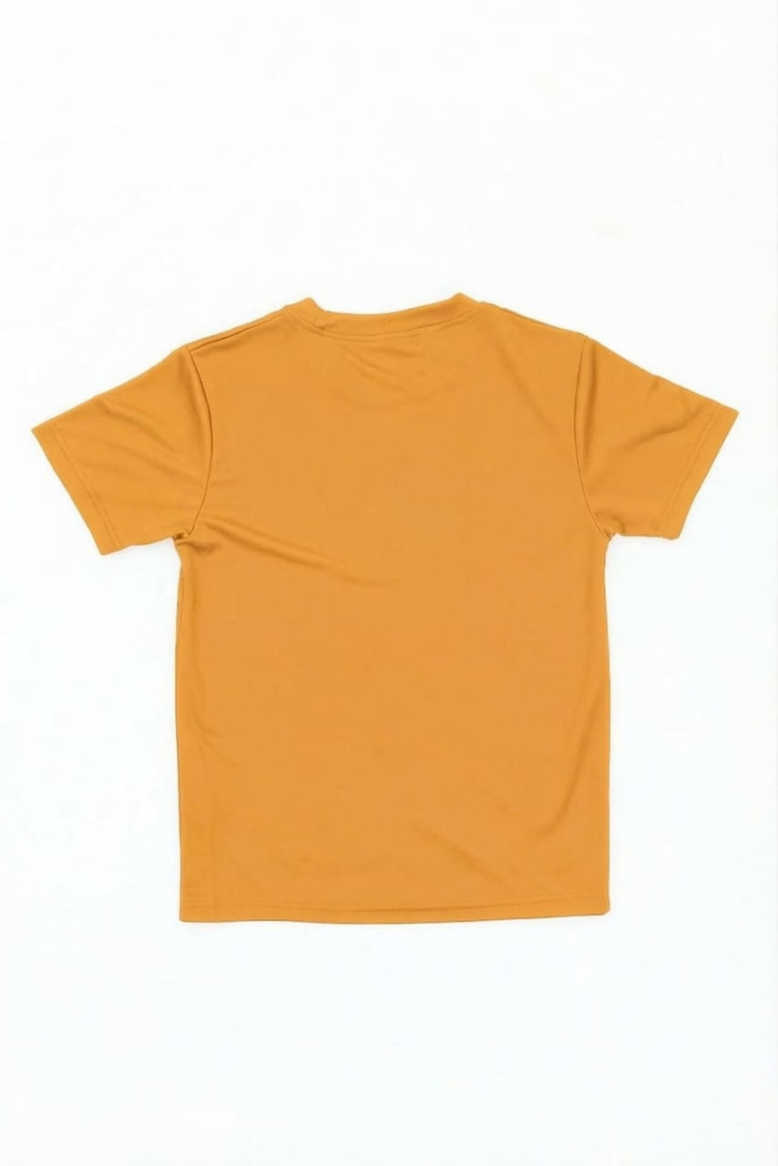 A mustard-coloured youth t-shirt with a simple design, featuring a logo on the back.