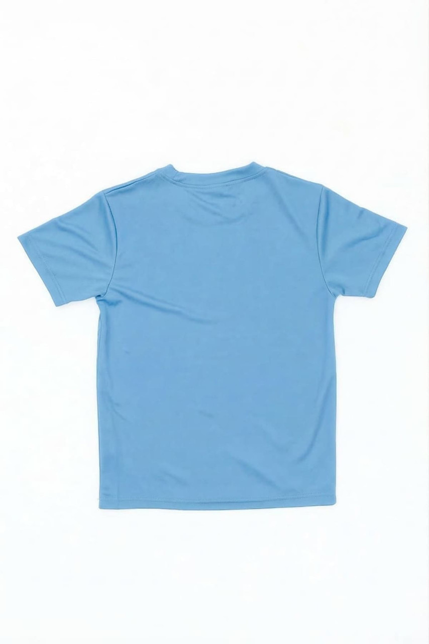A blue youth tee featuring a plain back design, made from a soft fabric. Includes a logo on the label.