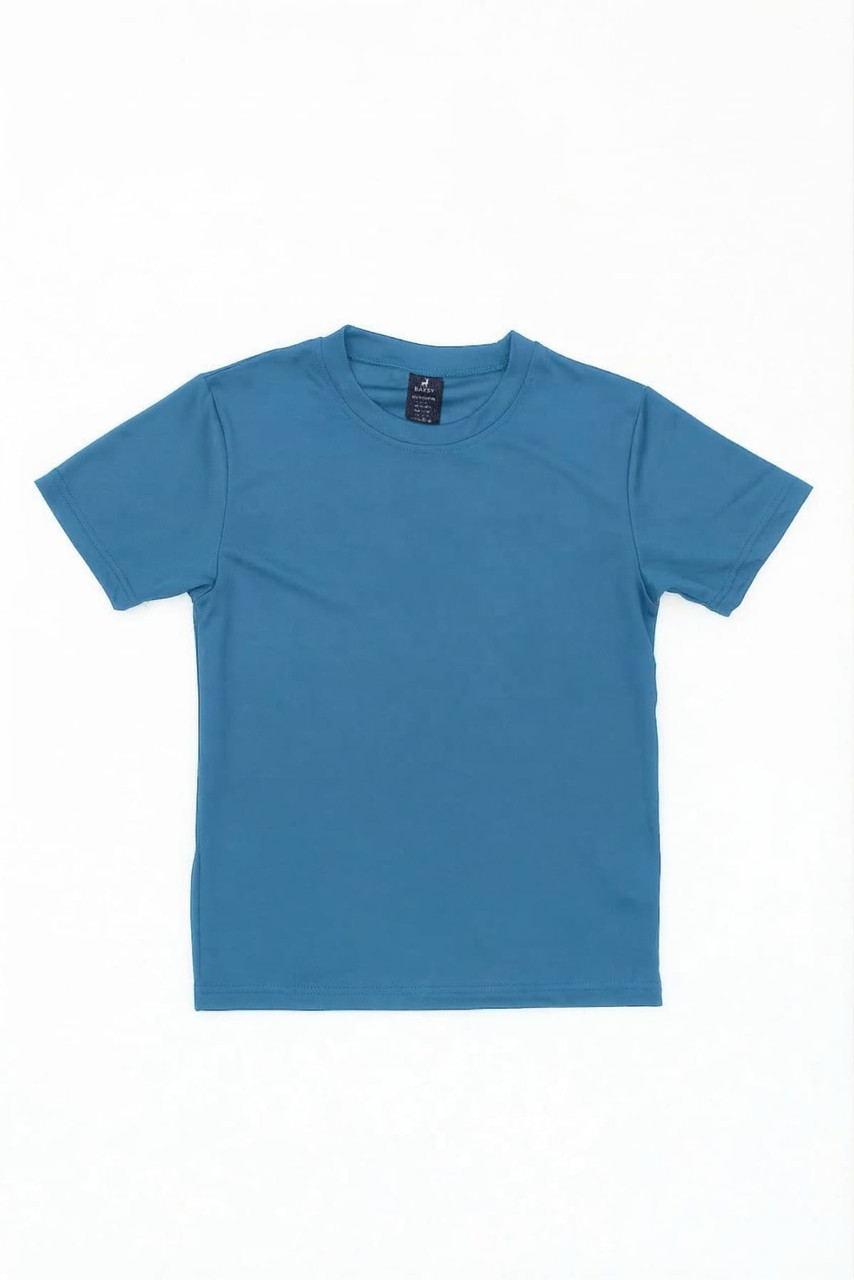A youth t-shirt in a solid blue colour, featuring a simple design and a brand logo.