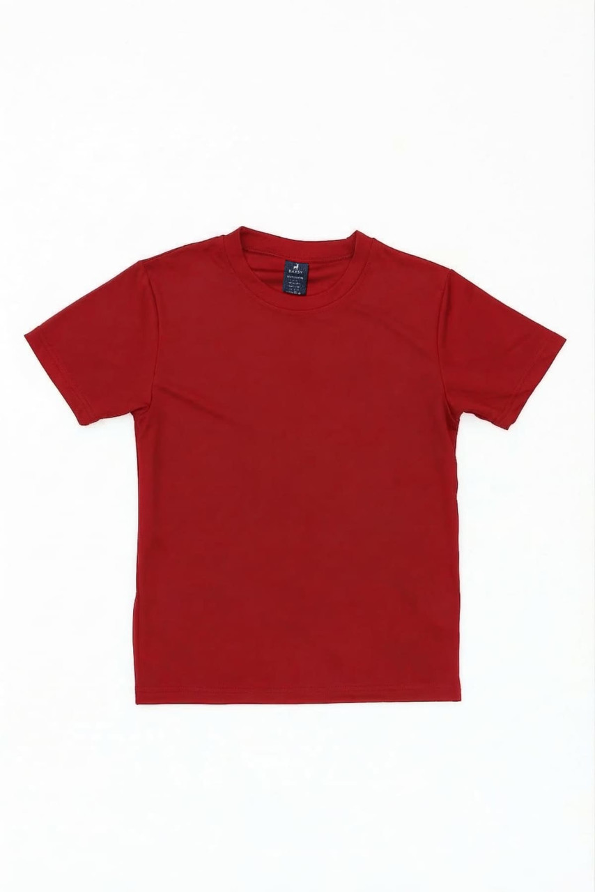 A red youth tee shirt displayed flat, featuring a simple design and a tag.