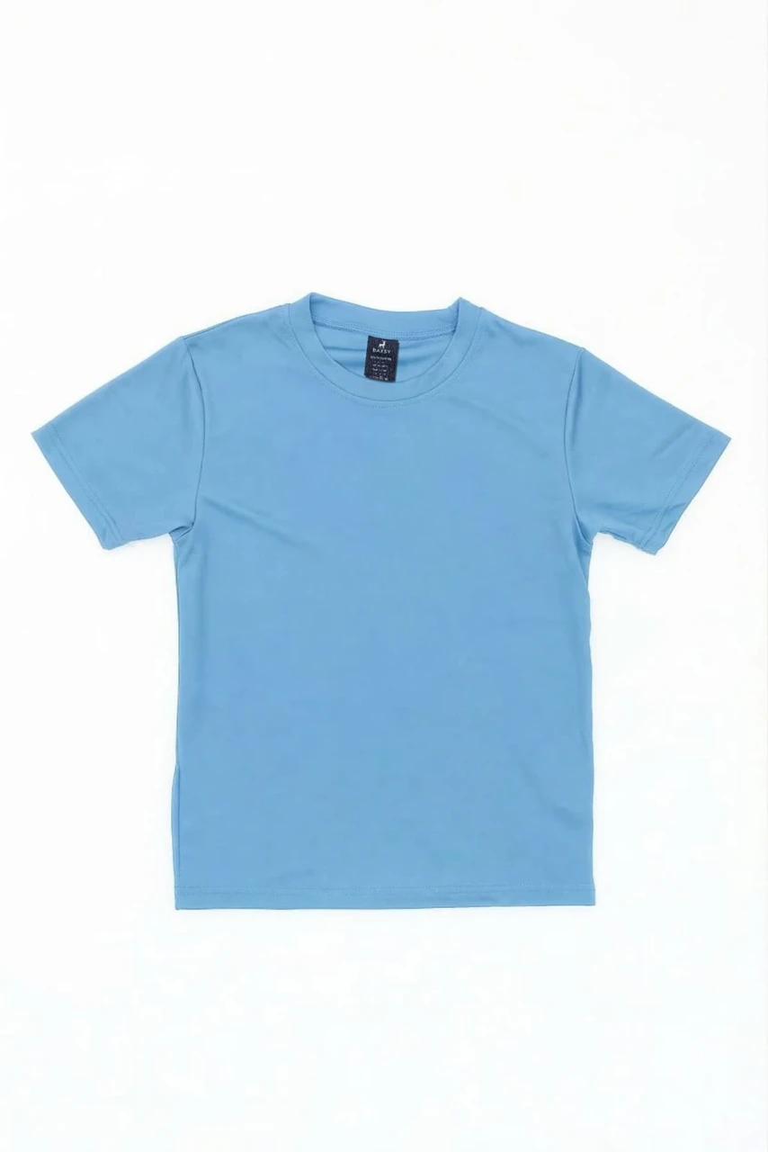 A blue youth core tee with a round neck and short sleeves, featuring a logo.
