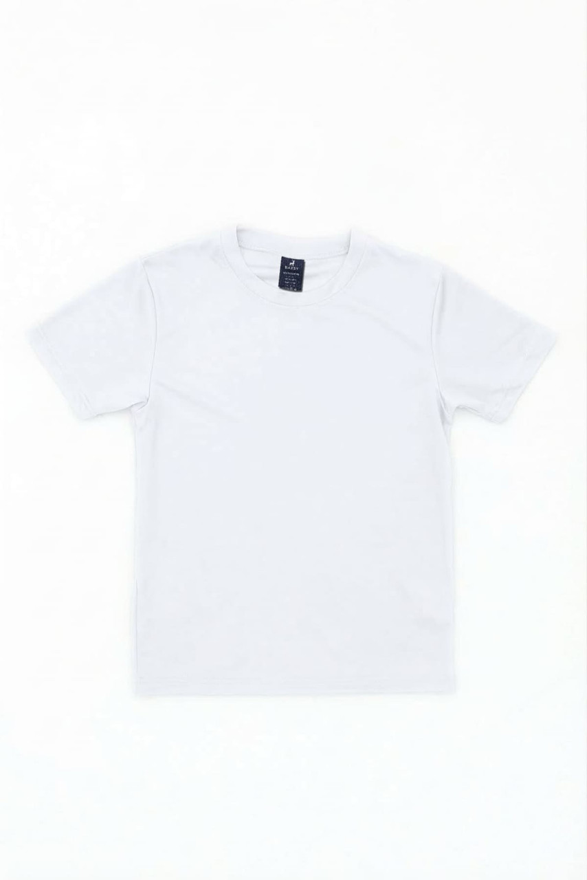 A short-sleeved, light grey youth tee with a tag and a simple design. It features a logo on the side.