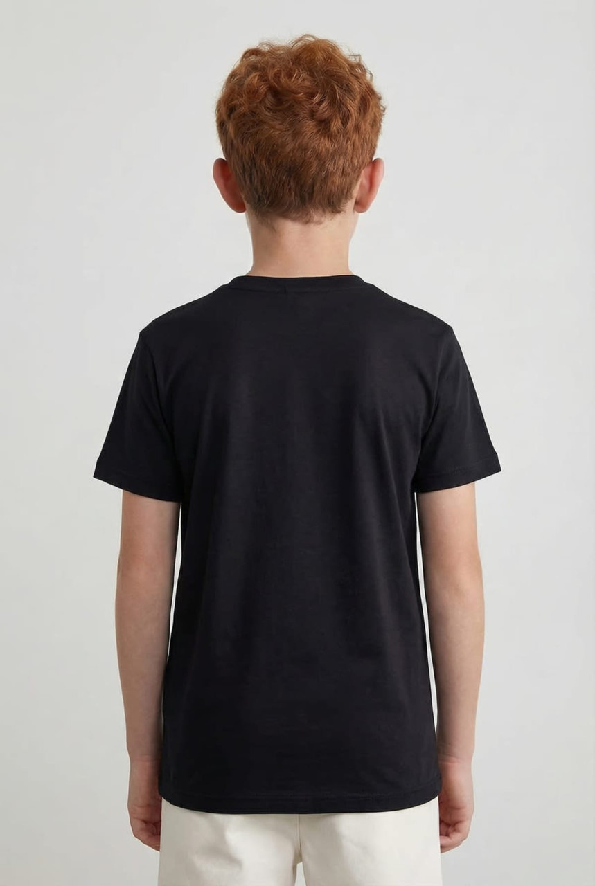 A black youth core tee featuring a classic crew neckline and short sleeves, viewed from the back.