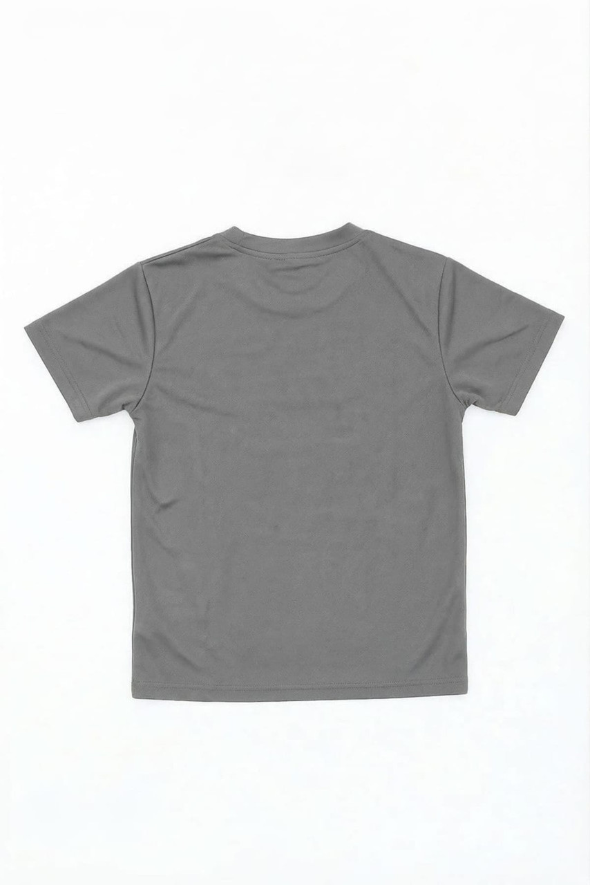 A grey youth core tee featuring a simple design and a logo on the back.