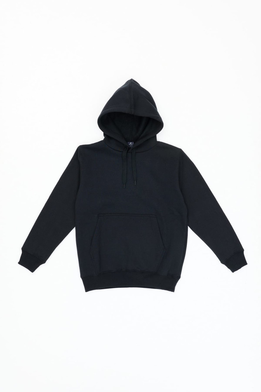 A black youth hoodie featuring a front pocket and a drawstring hood, with a logo on the front.