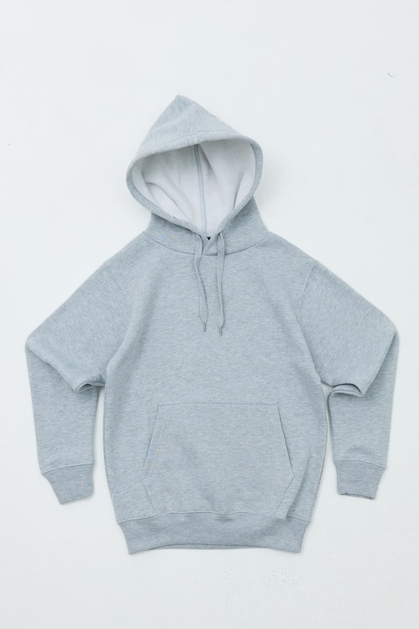 A grey hooded sweatshirt with a front pocket and a drawstring hood, featuring a logo.