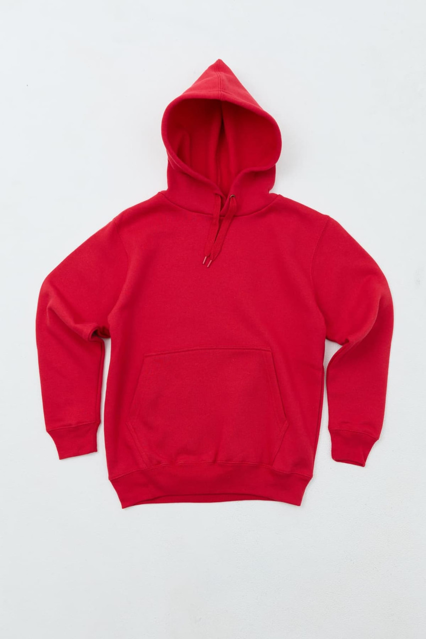 A red hoodie with a front pocket and a hood. It features a logo on the front.