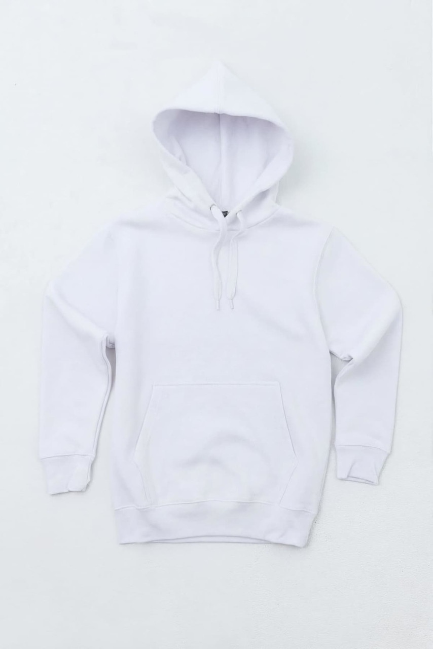 A white youth hoodie featuring a front pocket and a drawstring hood. The garment has a logo on it.