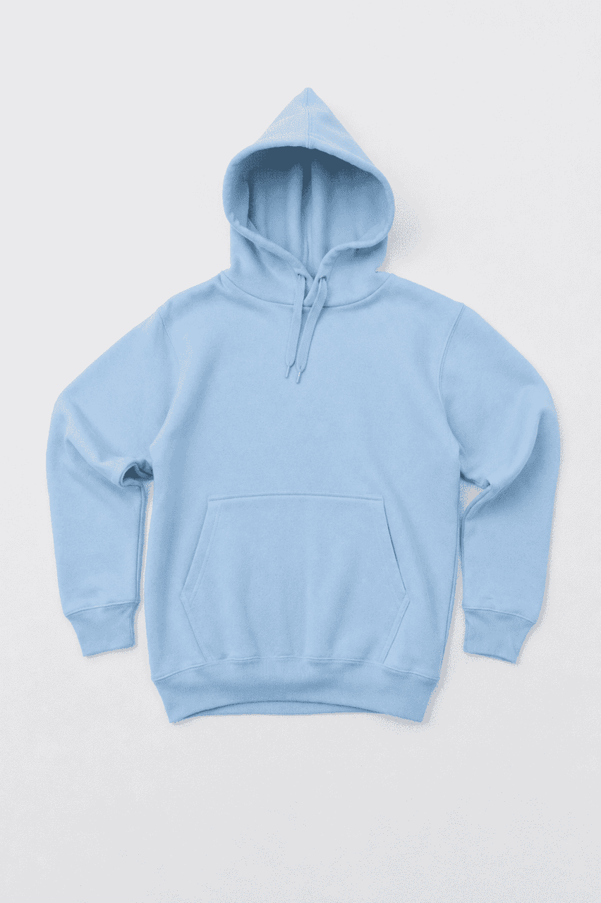 A light blue hoodie with a front pocket and a drawstring hood. The garment features a small logo.