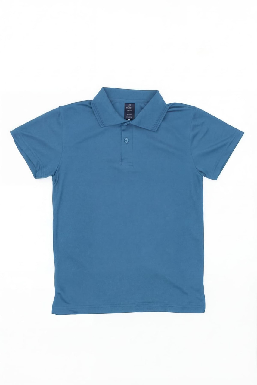 A blue polo shirt with a collar and short sleeves, featuring a branded label.