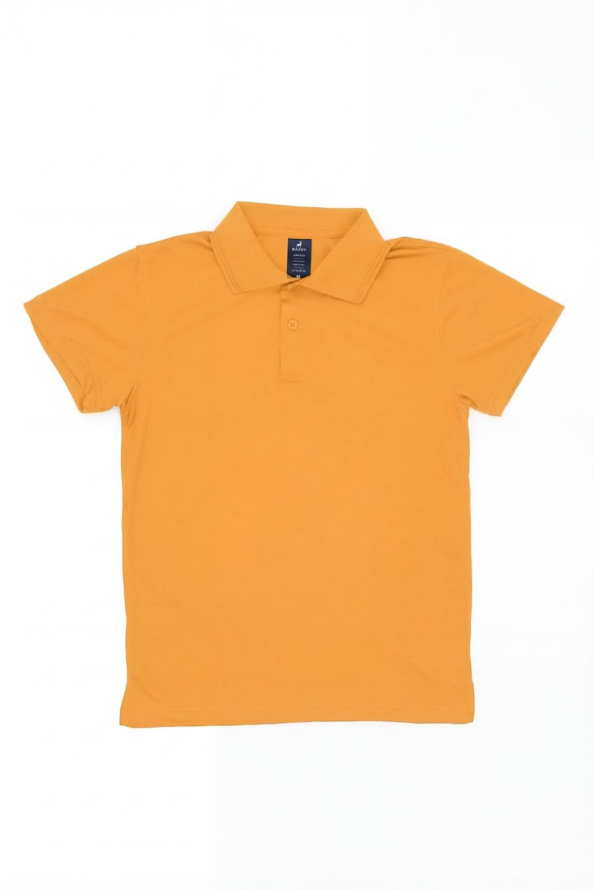A yellow polo shirt with a collar and short sleeves, featuring a branding label.